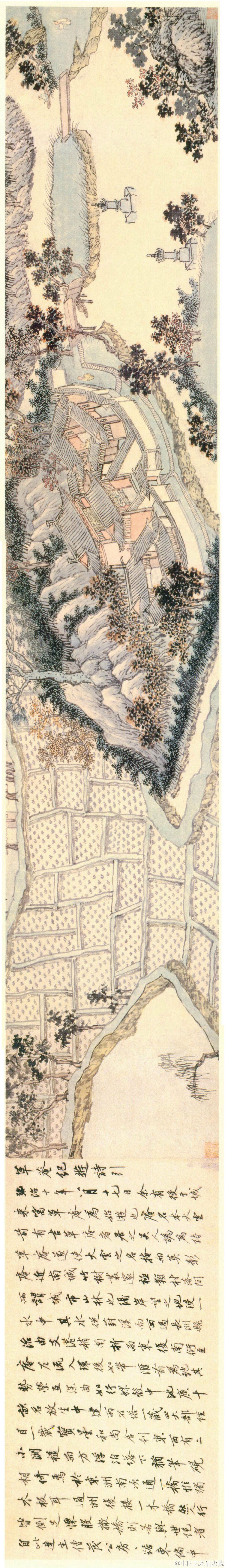 【明 沈周 《草庵图》 】卷,纸本设色,29.5×155cm,上海博物馆藏.