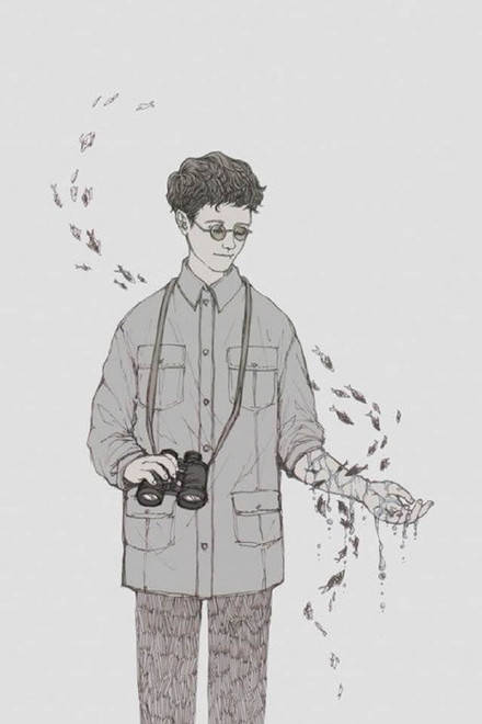 手绘插画,背景,男生,照相机
