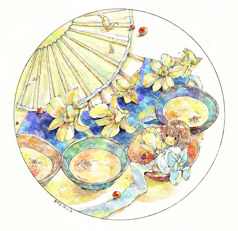 水彩手绘插画,和风女孩.