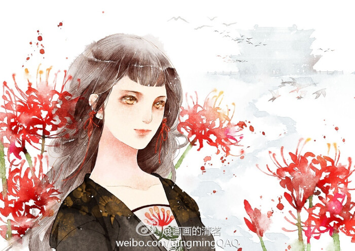【授权搬运】#插画#手绘#少女#唯美#水彩#古风#桃花#梦幻#二次元