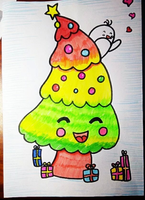 插画 手绘 水彩笔 随笔 儿童画 卡通 圣诞树