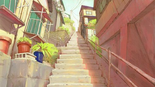 动漫唯美场景☆小镇里的楼梯