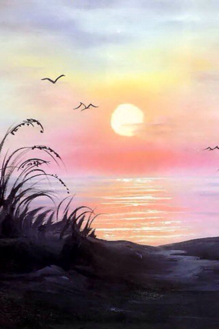 水彩 手绘 夕阳 清新自然风景画 自然景观 山水 唯美壁纸