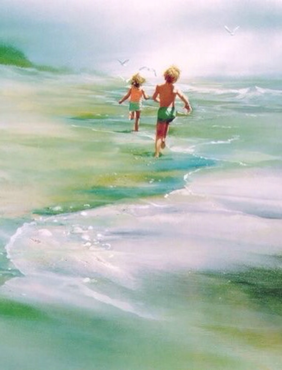 清新水彩画 自然风景 沙滩 海洋 人物 温馨 背影 手绘 唯美壁纸 插画