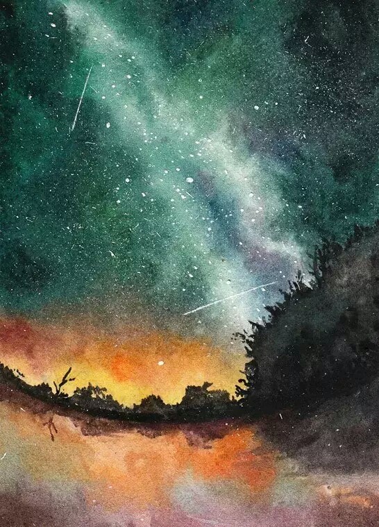 清新水彩画 手绘 唯美星空 星光 树木 壁纸 插画