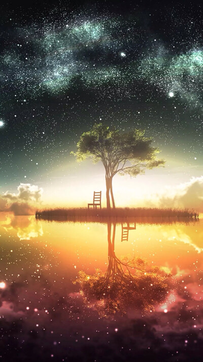 星空 星光熠熠 水中倒影 自然奇景 树木 意境 唯美风景 iphone手机