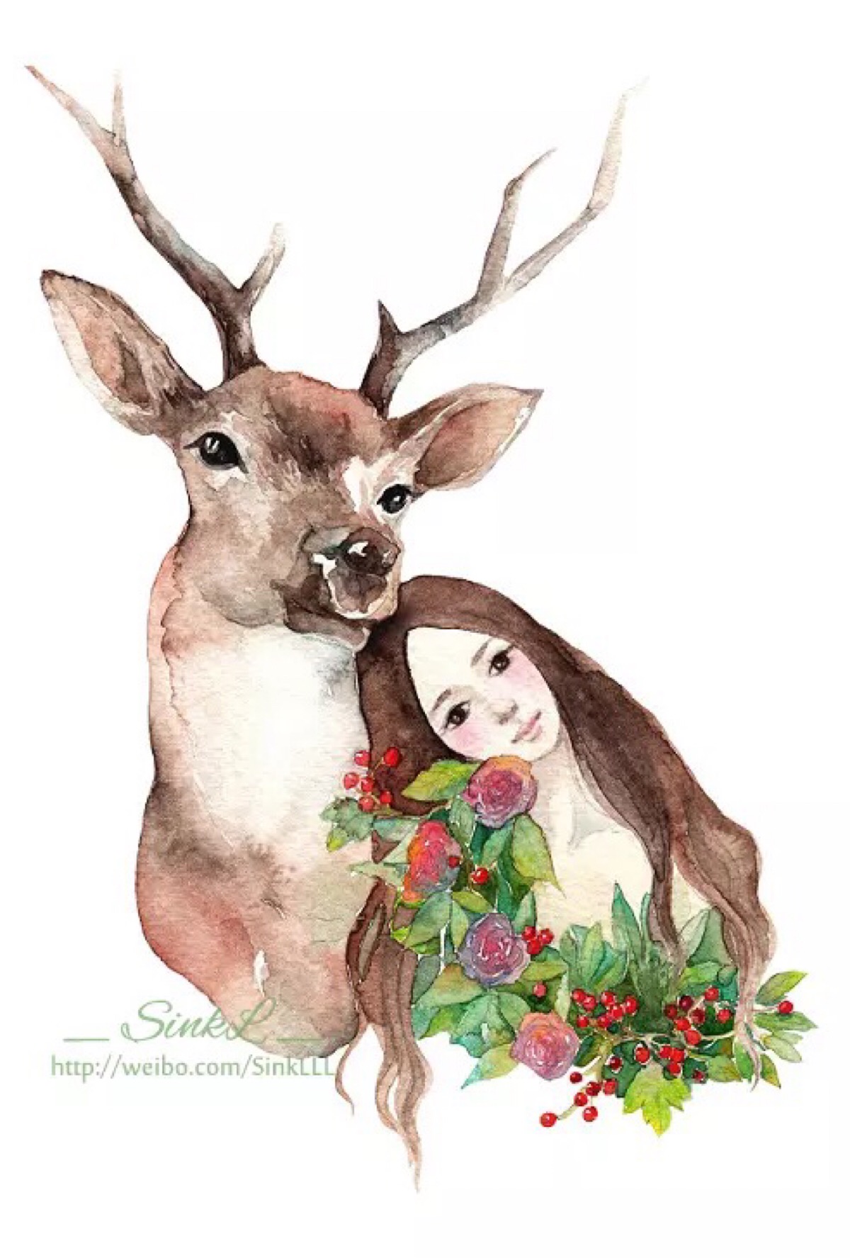 鹿与女孩.水彩