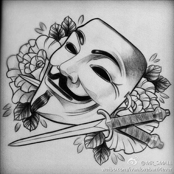 v字仇杀队面具匕首玫瑰纹身欧美纹身手稿