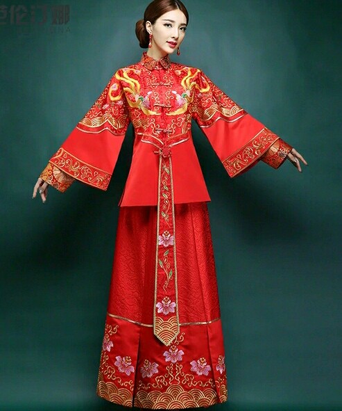 复古中式结婚礼服 红色秀禾服 古装 新娘结…-