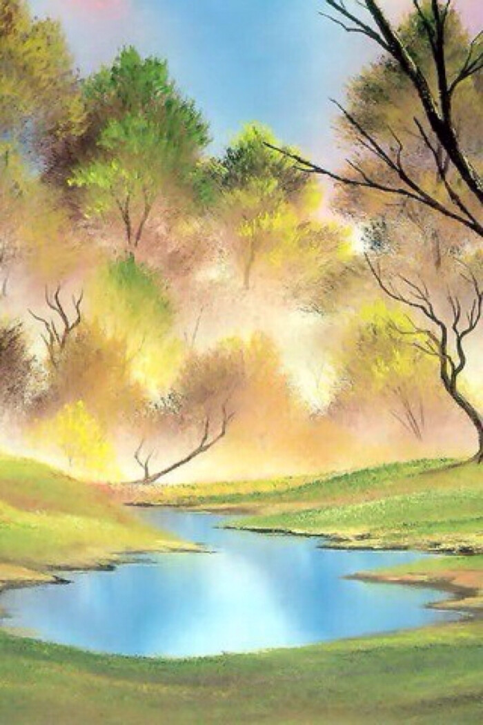 清新水彩画 手绘 树木 山水 自然风景 清新淡雅 唯美插画