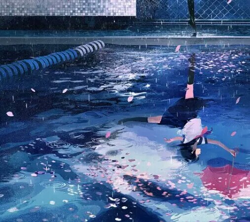 二次元 壁纸 头像 手绘 动漫 少女 倒影 雨伞