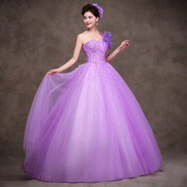 2015新款婚纱礼服甜美可爱公主紫色蓬蓬裙长款晚礼服裙子