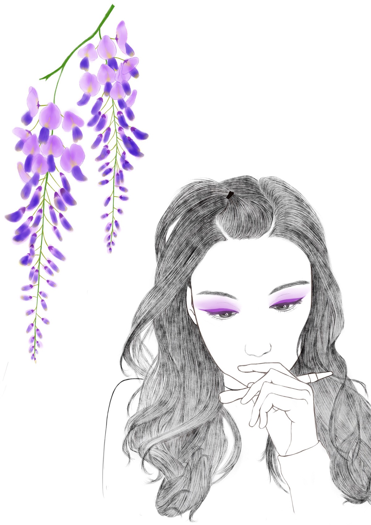 手绘 女孩头像 紫藤花 淡雅