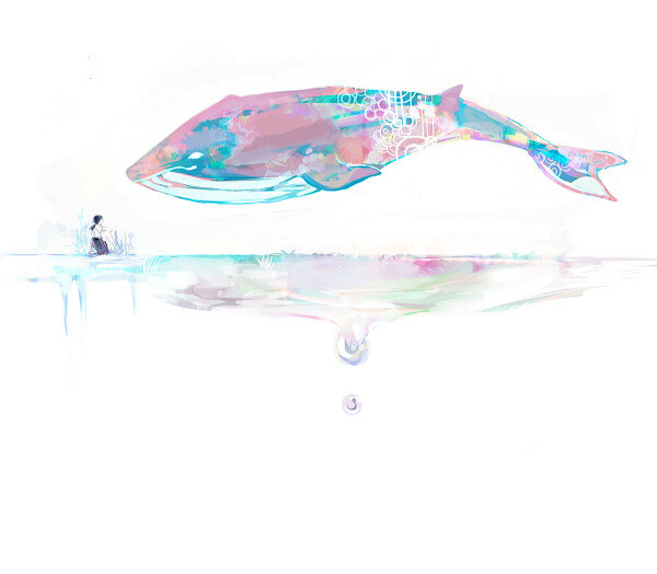 手绘插画 人物 风景 意境 美图 色彩 鲸鱼