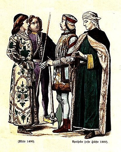 十五世纪的意大利服饰 1400年的服饰(左)和十五世纪上半叶的药剂师