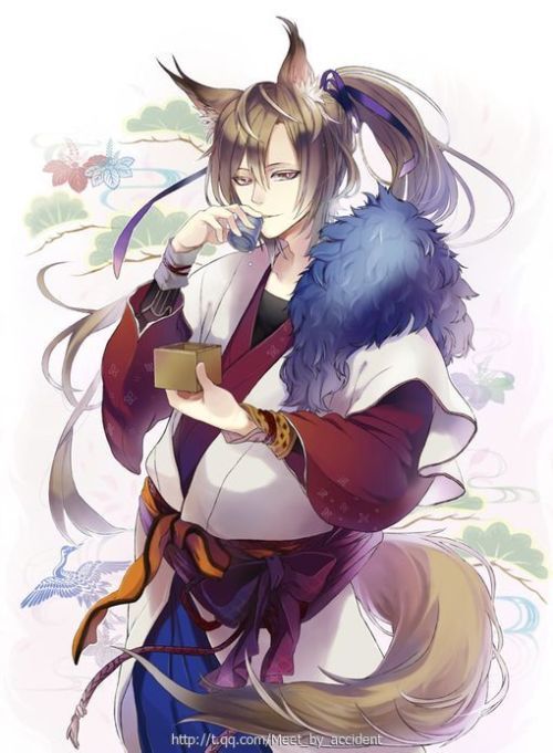 狐狸 妖孽美少年 长发美男 和风和服 饮酒 兽耳 动漫 头像 色彩 唯美