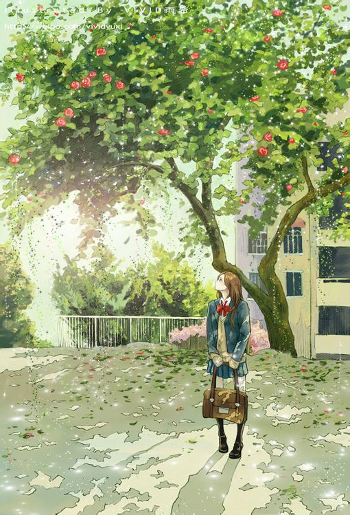 二次元 壁纸 绿色 学生 校服 制服 护眼 萌 萝莉 校园