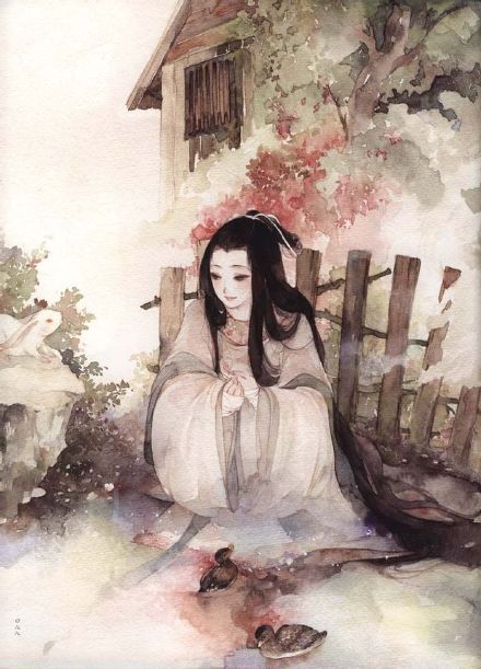水彩 手绘 插画 古风 归去来兮花落处,何人暮云西