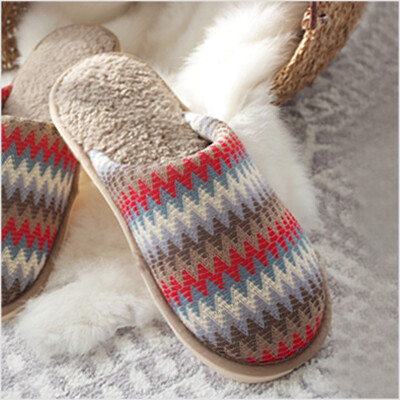 冬季韩国女款居家拖鞋波浪针织彩色花纹毛绒棉拖鞋