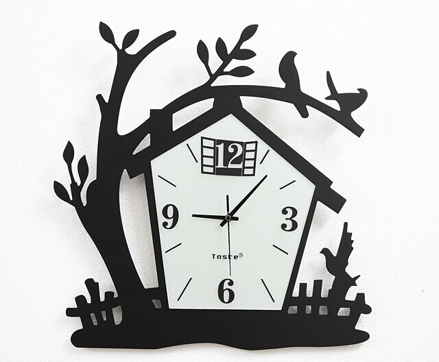 d058 木质房子小鸟 个性 创意 艺术田园钟表壁钟