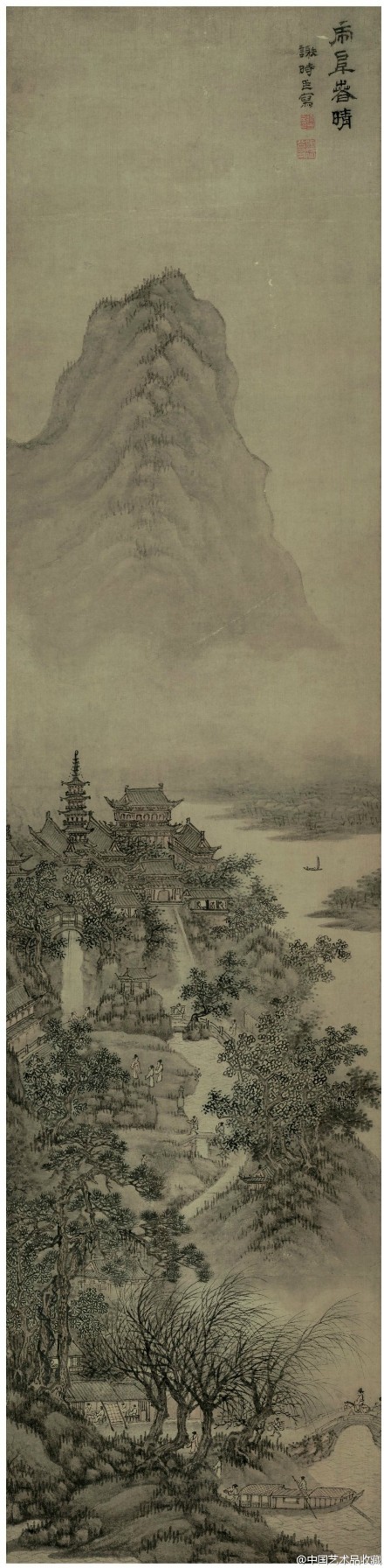 吴门画派#【 明 谢时臣 《虎阜春晴图》 】轴,纸本设色,162.4×39.