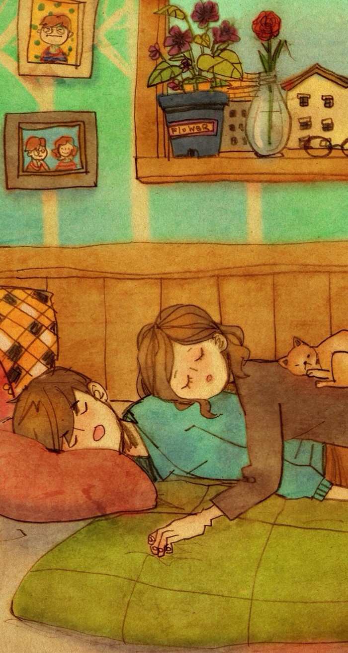 韩国插画师puuung的暖心爱情故事插画 壁纸 (fleecy)cozy bed only