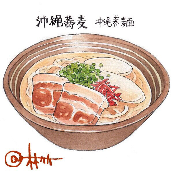 手绘水彩 美食食物 插图插画 涂鸦绘图 日本料理 冲绳荞麦面 吃货福利