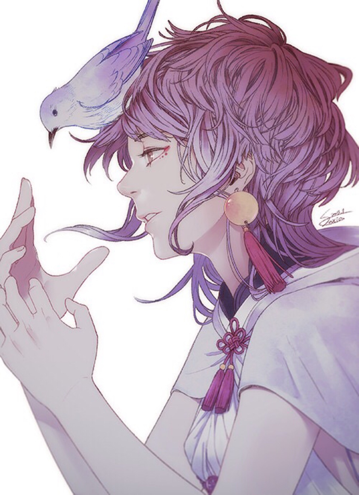 二次元 美少年 插画 紫色系 鸟
