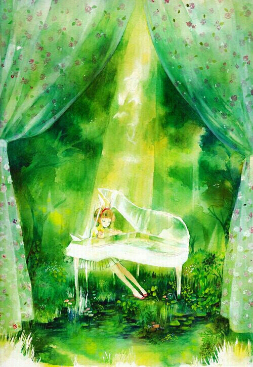 弹钢琴的女孩,绿意 最纯粹的美,唯美意境,插花,动漫意境,二次元,手绘