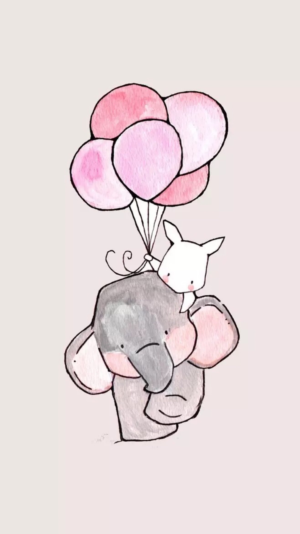 小象&amp;小兔 手绘手机壁纸 粉色背景