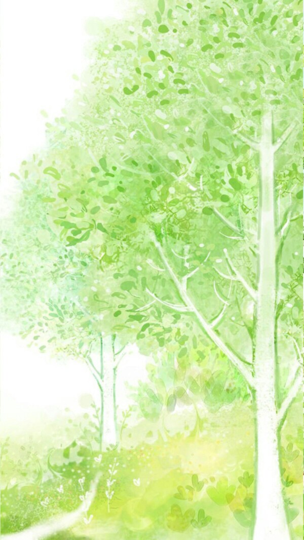 小清新树林手机壁纸 绿色插画手绘