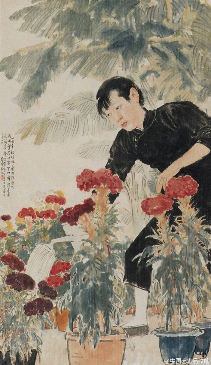 人物画#【 徐悲鸿 《花闹》 】立轴,纸本设色,129×74.5cm,1936年作.