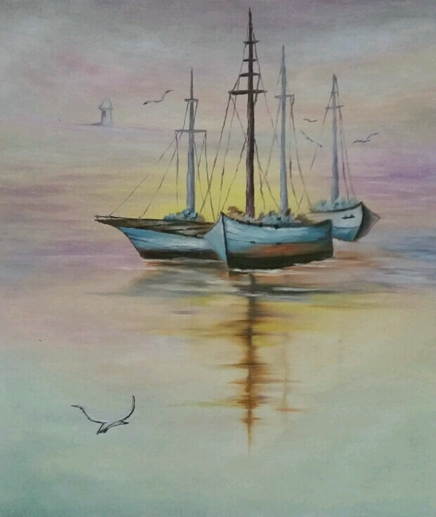 刀笔油画,帆船