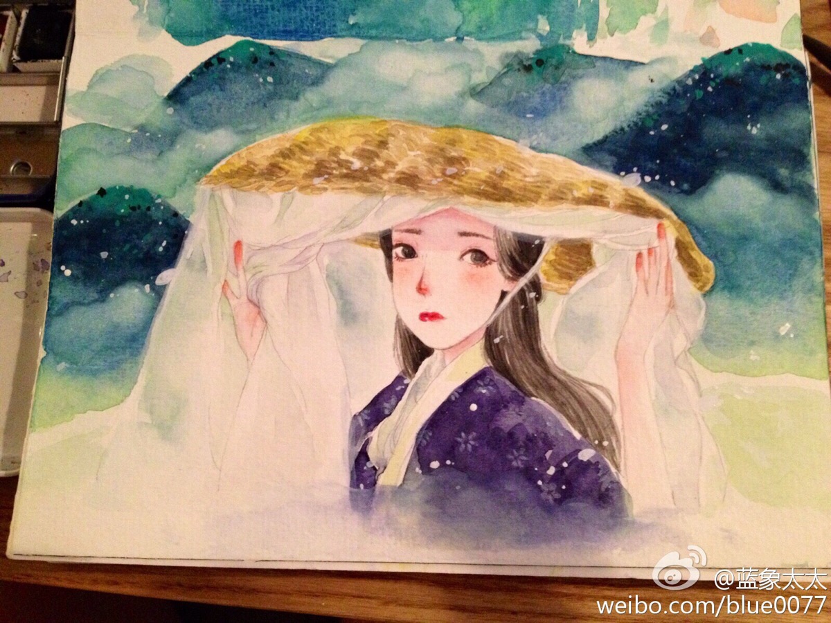 水彩画 手绘 女孩 插画 作者by 蓝象太太