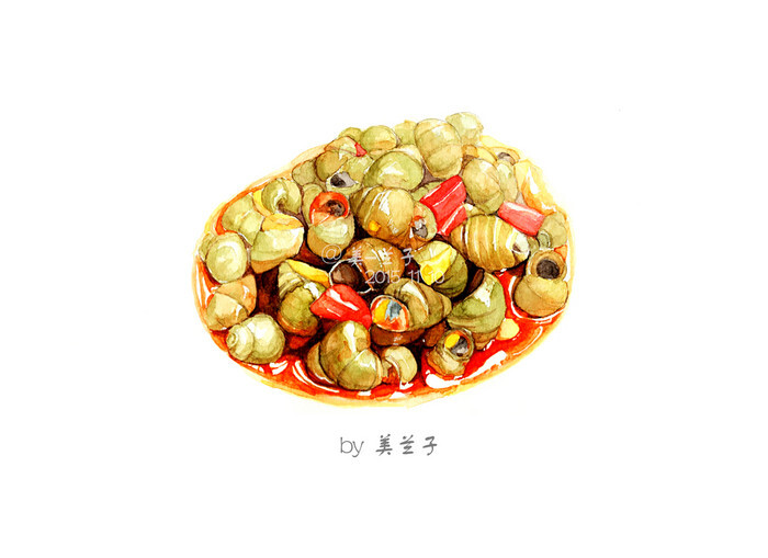 手绘水彩 美食食物 插图插画 涂鸦绘图 吃货福利 田螺 海鲜 辣炒螺蛳