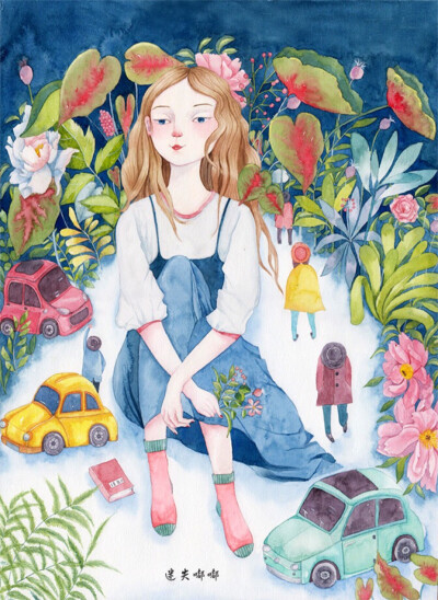 水彩画 手绘 女孩 插画 作者by 迷失嘟嘟
