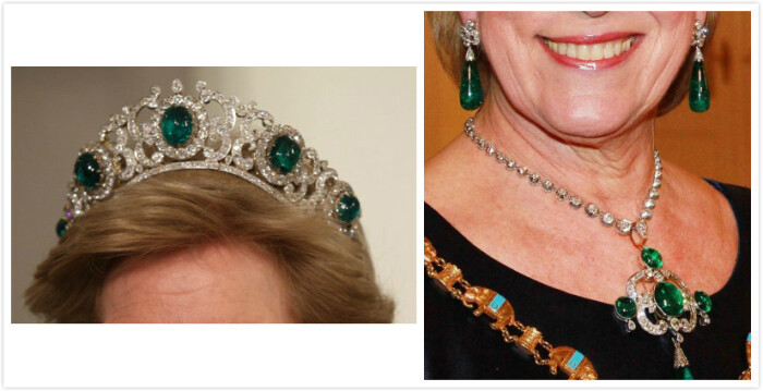 希腊王室的绿宝石套装,包括项链王冠两用的大王冠一顶,一对水滴耳环