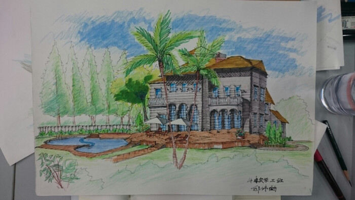 建筑风景手绘,马克笔彩铅,建筑表现技法,建筑画,建筑钢笔画.