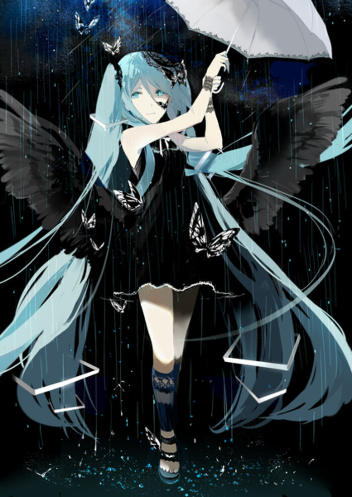 翅膀 雨景 美图 v家 双马尾 裙子 蝴蝶 黑色 蓝发 美图 二次元 少女