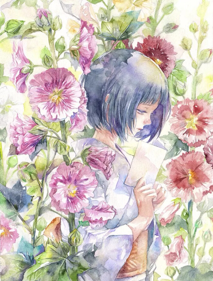 唯美 水彩 少女 小清新 温馨 治愈 花萌 二次元 高清 壁纸