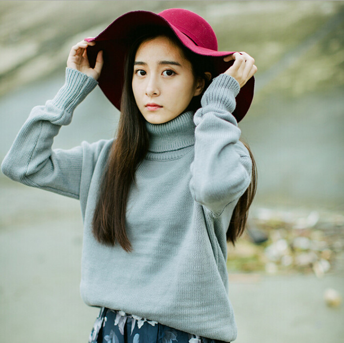 秋冬文艺复古针织毛衣女高领针织毛衣女灰色森