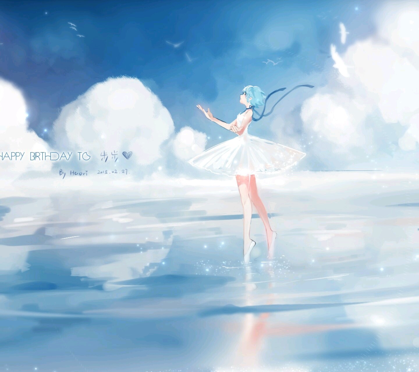 二次元 p站 天空 白云 人物 少女 海边 芭蕾 风景 场景 唯美 壁纸