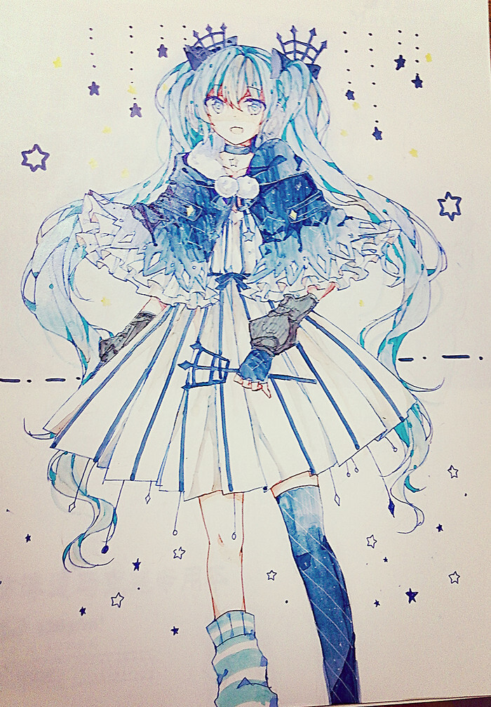 初音 初音未来 miku 手绘 插画 水彩 马克笔