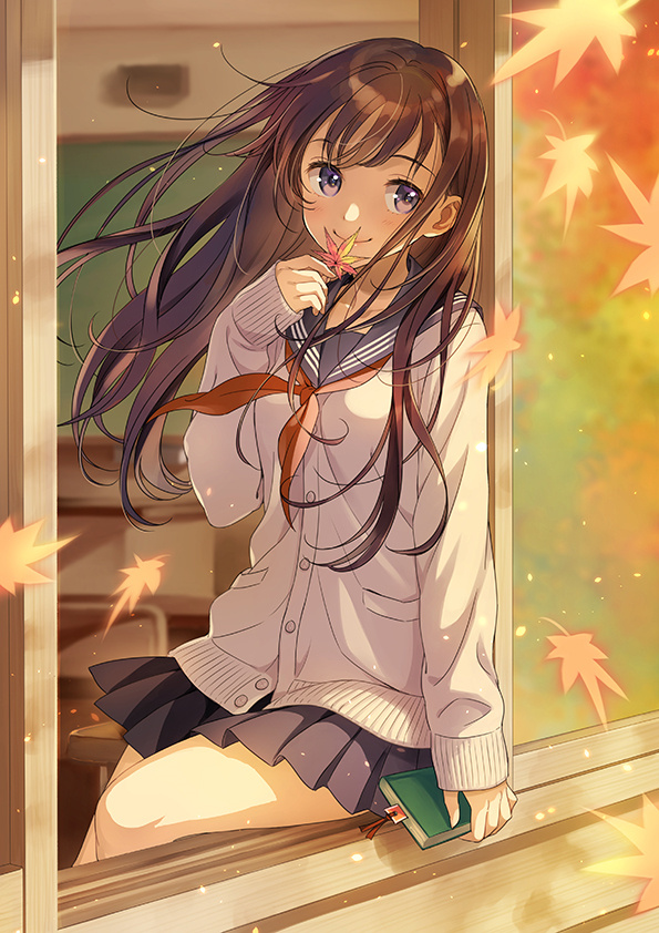 曰式校服 少女 黑长直 枫叶 教室 秋曰物话