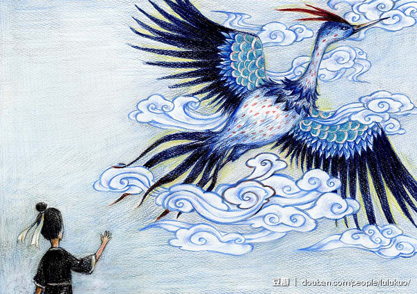 毕方鸟: 毕方的外形象丹顶鹤,单足,身体为蓝色,有红色的斑点,喙为白色