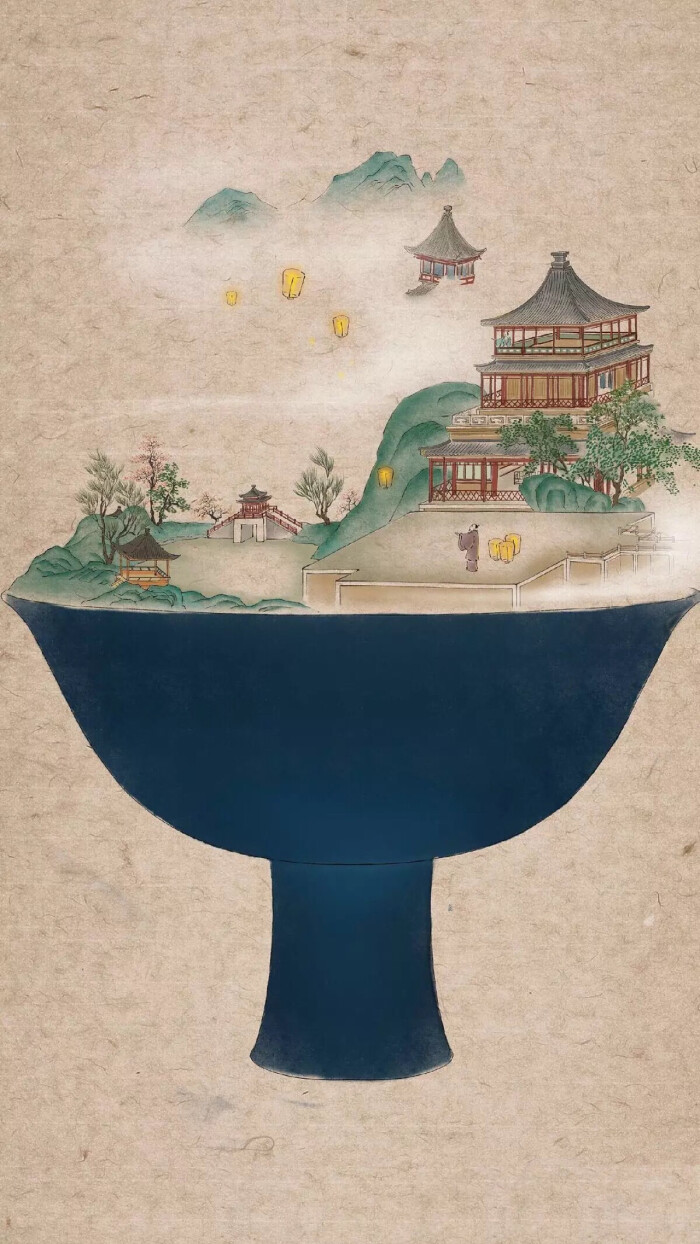 独特的创意 中国风 楼台 孔明灯 古风插画 壁纸