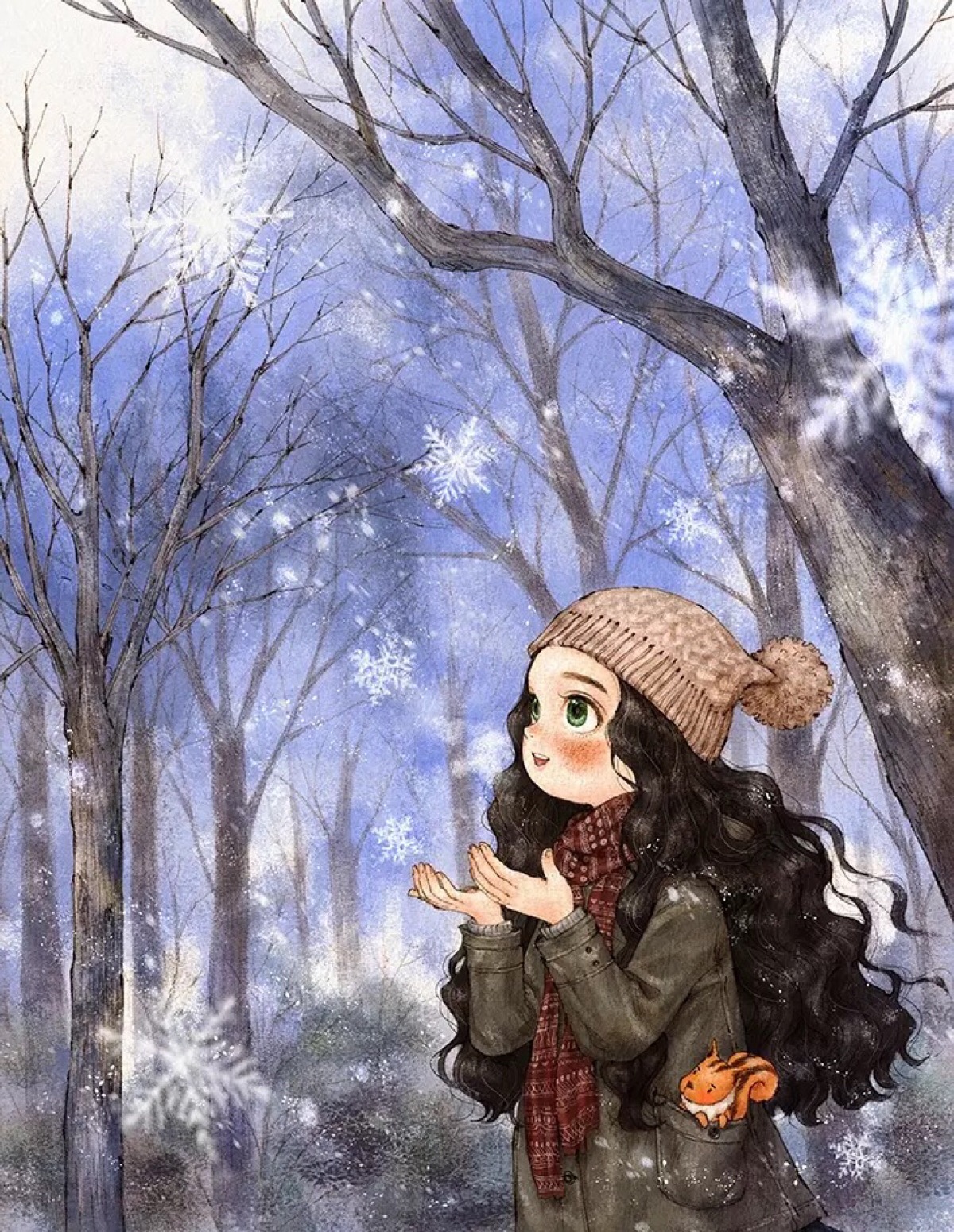 卡通插画 #森林女孩日记# 雪花 唯美 文艺 紫色 手机壁纸 聊天背景