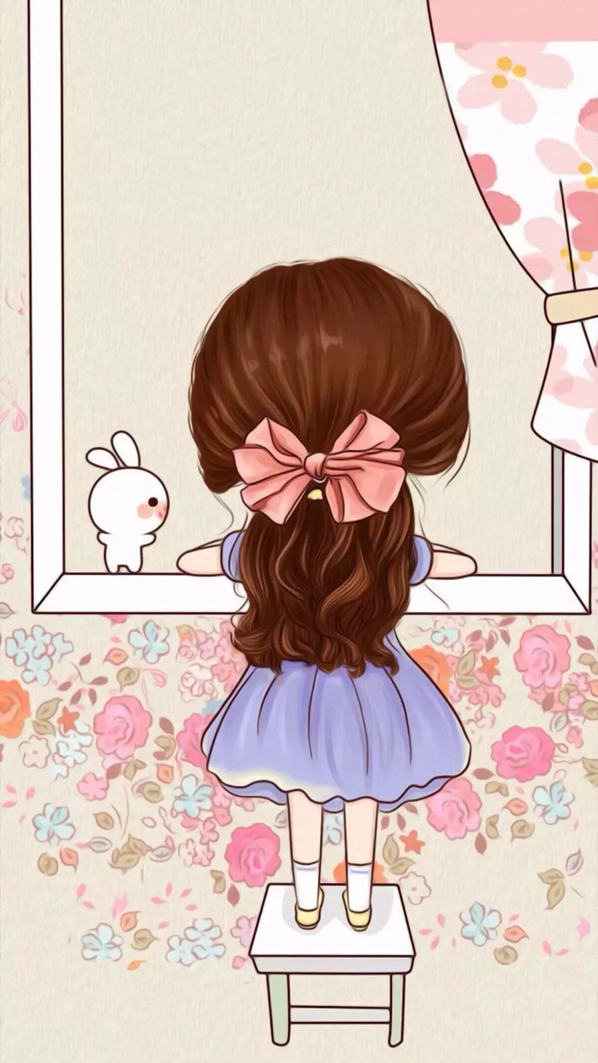 卡通插画 女孩与兔子 背影 可爱 手机壁纸 聊天背景