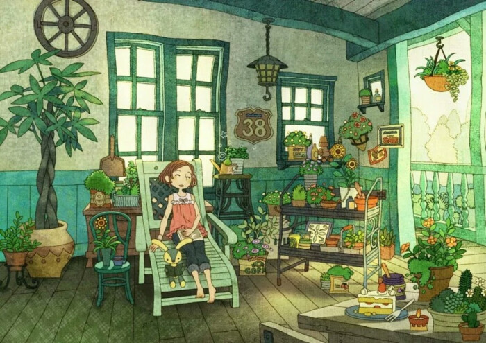 二次元 房间 少女 背景 插画 清新 植物