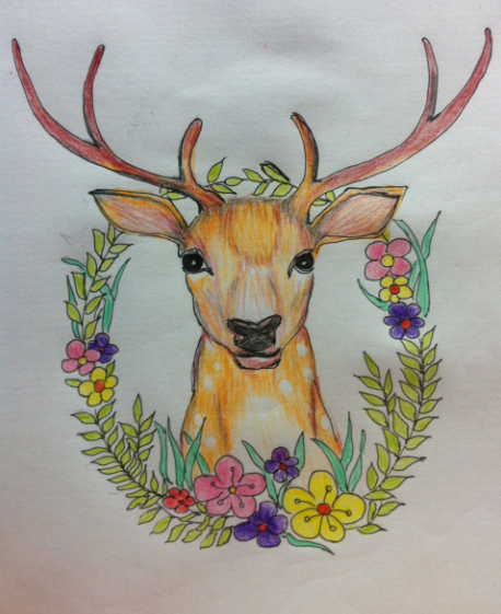 手绘 彩铅 森女 小清新 鹿与花环